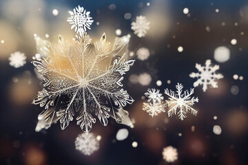 Beautiful transparent snowflakes in the air on a dark bokeh and snow background, AI generated image