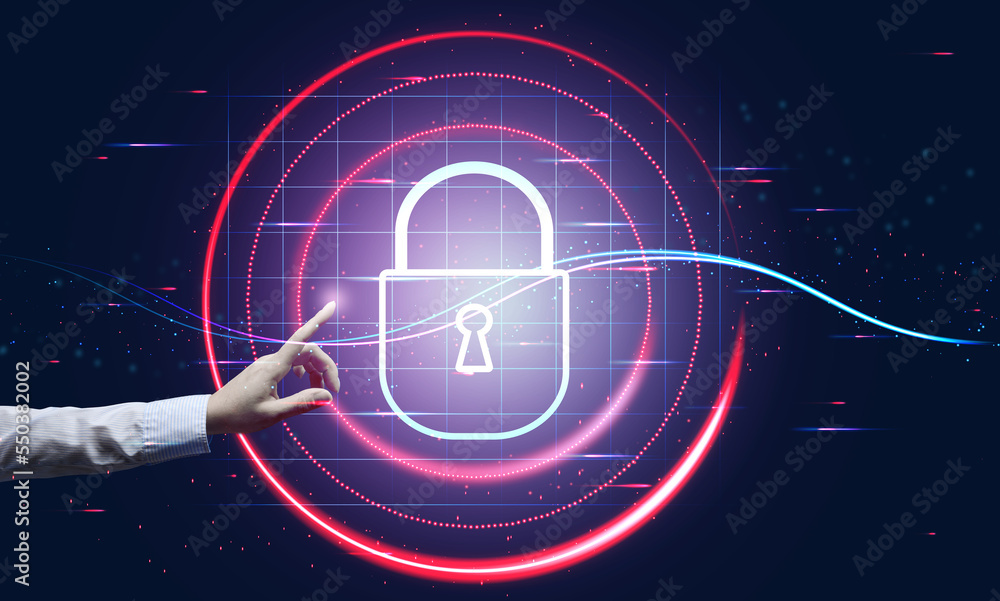 Poster a woman's hand touches a virtual screen with a padlock. protecting systems on the network. personal 