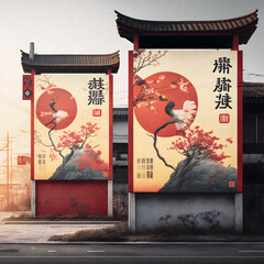 Outdoor street name sign in Chinese towns illustration, granular texture