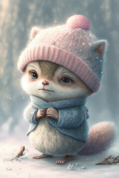 cute chipmunks wearing scarf on snowy night with bokeh light of Christmas light as background Generative Ai	
