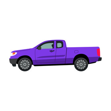 Side view of blue pickup truck, car model flat vector illustration. Auto, SUV, hatchback, sedan, pickup, convertible isolated on white background