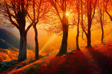 Fototapeta premium Gorgeous Autumn/Fall forest landscape with golden foliage in a park during sunrise.