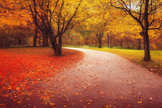 Gorgeous Autumn/Fall Forest Landscape With Golden Foliage In A Park During Sunrise.