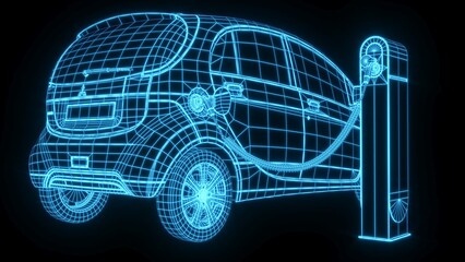 Fototapeta na wymiar 3D rendering illustration EV charger electric car blueprint glowing neon hologram futuristic show technology security for premium product business finance 