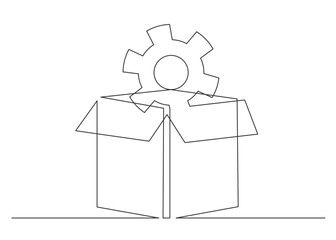 Continuous line drawing of gear in opening box.
Vector illustration