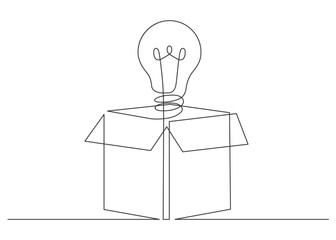 Continuous line drawing of bulb in opening box.
Vector illustration