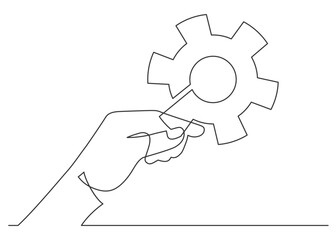 Continuous line drawing of hand holding gear.
Vector illustration
