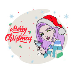 Tasty drink in the hand of a girl in a hat, doodle