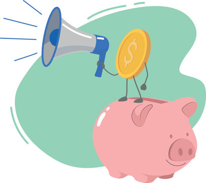 Vector illustration of a call through a megaphone. The concept of income growth and business development. Gold coins dollars piggy bank