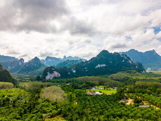 Aerial drone view of Khao Sok national park, Thailand. Jungle, palms and tropical forest. Mountains in background.
