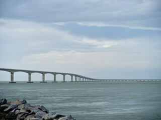 View of the new Herbert C Bonner Bridge spanning the Oregon Inlet on the Outer Banks of North...