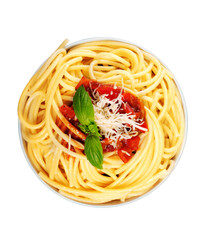 Pasta in a white bowl with tomato sauce and fresh basil set against a white napkin on a white table