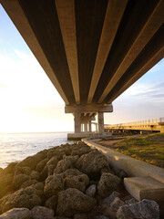 Underneath the new Herbert C Bonner bridge over the Oregon Inlet on the Outer Banks of North...