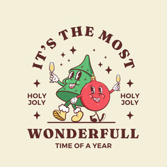 Christmas New Year retro cartoon characters label template. Pine and bauble with champagne glass Christmas tree ball friends walking together. Vector mascot illustration vintage comic style. Isolated © createvil