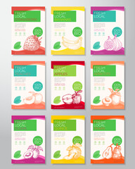 Fresh Local Fruits and Berries Label Templates Collection. Abstract Vector Packaging Design Layouts Set. Modern Typography Banner with Hand Drawn food Sketch Silhouettes Backgrounds Isolated
