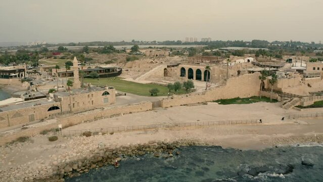 Drone video shooting of ancient Caesarea on the coast of the Mediterranean Sea.