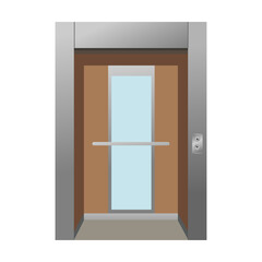 Elevator cabin with open doors vector illustration. Lift door from wood and metal, staircase or escalator, up and down on white background