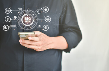 Shopping online concept.consumer holding smartphone,doing online banking transaction. E commerce virtual shopping, secure mobile banking concept,Shopping Online Using Mobile Phone App