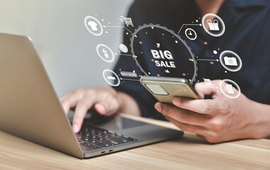 Shopping online concept.consumer holding smartphone,doing online banking transaction. E commerce virtual shopping, secure mobile banking concept,Shopping Online Using Mobile Phone App