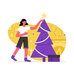 Christmas and winter activity modern flat concept. Young girl decorates festive tree. Traditional holiday preparations and home decor. Illustration with people scene for web banner design