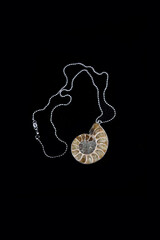 photos on a black background of a pendant made of fossilized ammonite