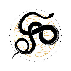 Abstract mystical composition with wriggling black snake and celestial body, planet. Boho esotericism. Mystic vector