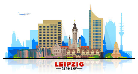 Obraz premium Leipzig Germany skyline on a white background. Flat vector illustration. Business travel and tourism concept with modern buildings. Image for banner or website.