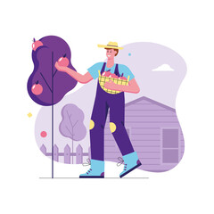 Garden work and growing plants modern flat concept. Happy man farmer picking apples in basket. Agriculture, harvesting and crop production. Illustration with people scene for web banner design