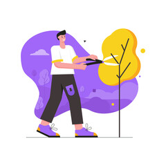 Garden work and growing plants modern flat concept. Man with pruner scissors cutting branches on trees. Agriculture and crop production. Illustration with people scene for web banner design