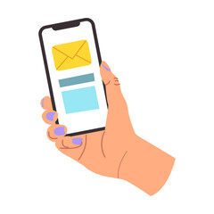 Hand holding smartphone with email. Express delivery service objects illustration. Courier cartoon character isolated on white background