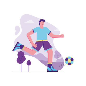 Athlete doing sports activities modern flat concept. Man in uniform with ball plays football. Sportsman training before competition outdoor. Illustration with people scene for web banner design