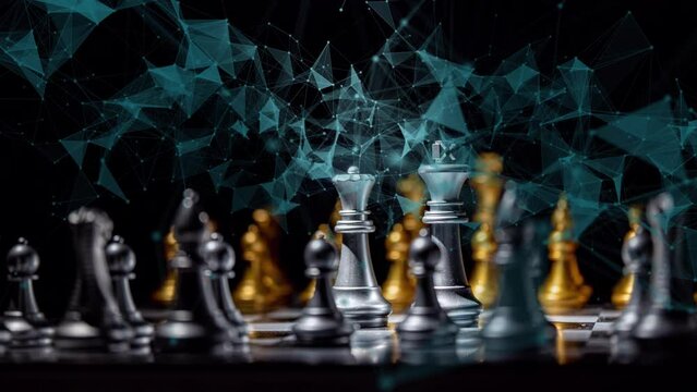 Rotating chessboard with pieces and digital graphics elements, chess notation, video loop