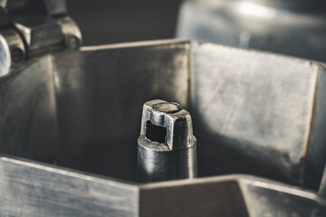 Close-up of a traditional italian espresso coffee maker. Retro vintage style image of a moka pot, geyser cafe kettle