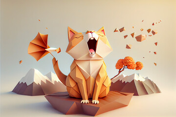 cute kitty cat origami singing, low poly - obrazy, fototapety, plakaty