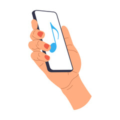 Hand holding mobile phone and listening to music. Cartoon vector illustration of female and male hand using smartphone