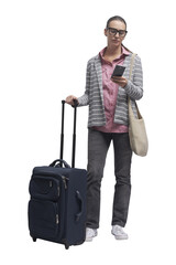 PNG file no background Woman traveling and using a smartphone