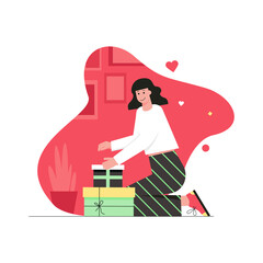 Valentines day celebration modern flat concept. Loving woman near gift boxes. Girlfriend giving or receiving presents on romantic holiday. Illustration with people scene for web banner design
