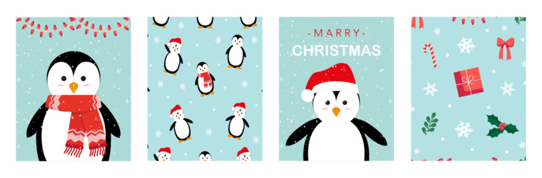 Christmas penguin greeting card. Winter is coming and merry christmas. Cartoon vector Illustration of christmas card season, background with snow and penguins