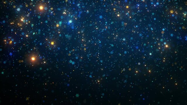 Glowing stylized bright Christmas background with falling snowflakes. New Year festive modern composition. Looped