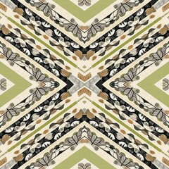 Forest green decorative damask seamless pattern. Geometric kaleidoscope linen for wallpaper backdrop. Printed fabric of optic trendy vintage design. 