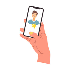 Hand holding mobile phone and puts a star on the user. Cartoon vector illustration of female and male hand using smartphone