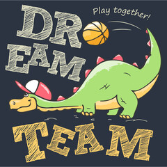 Obraz premium Art illustration. Dinosaur basketball player cool playing with the ball. Fan t-shirt design. Vector print. Dinosaur character design. Fashion illustration for clothes