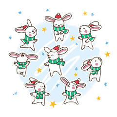 Set of cute bunnies in santa hat and scarf, dancing in a circle