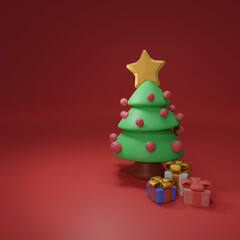 Christmas tree with star and box with red background.3d rendering