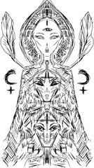 The High Priestess, major arcana. Third eye, feminine. Tarot, occult. Freehand drawing, vector. Contemporary trendy art illustration