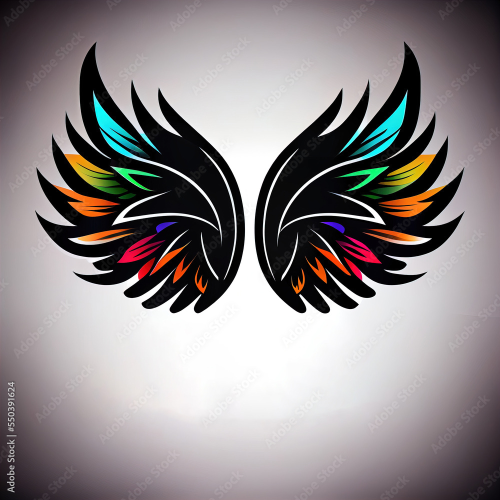 Poster a colorful wing with black wings on a white background with a shadow of the wing and a shadow of the