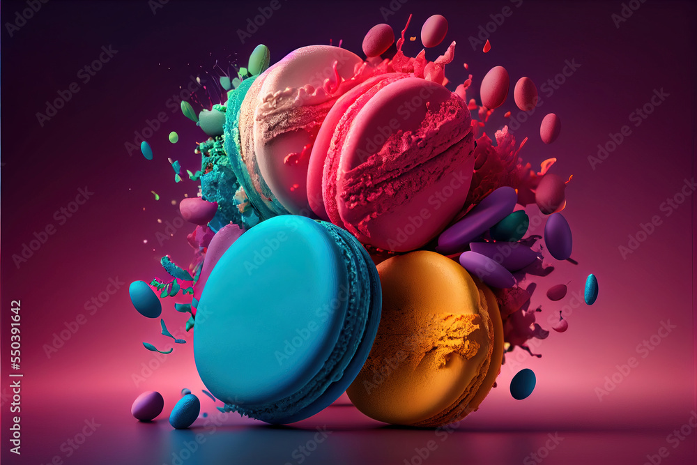 Poster a colorful display of macarons and powders on a pink background with a splash of color on the ground