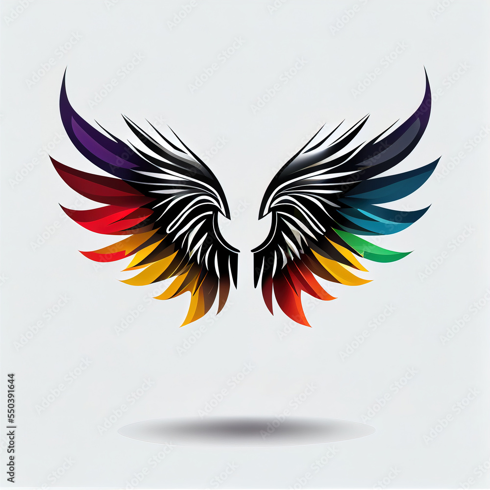 Poster a colorful wing with black and red wings on a white background with a shadow on the bottom of the wi