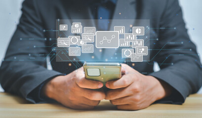 Businessman working and analyzing graph,planning and strategy, Stock market, trader or investor,Technical price graph and indicator,finance technology and investment concept.IFunds and Digital Assets