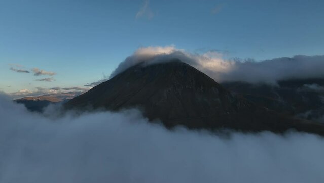 Mystic aerial morning view over clouds with a mountain in background french alps 